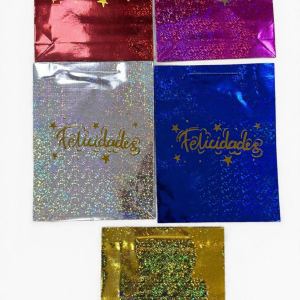 BOLSA DE REGALO HOLOGRAFICA FELICIDADES MEDIANA 26X32 CM RF- PARTY ON 1282